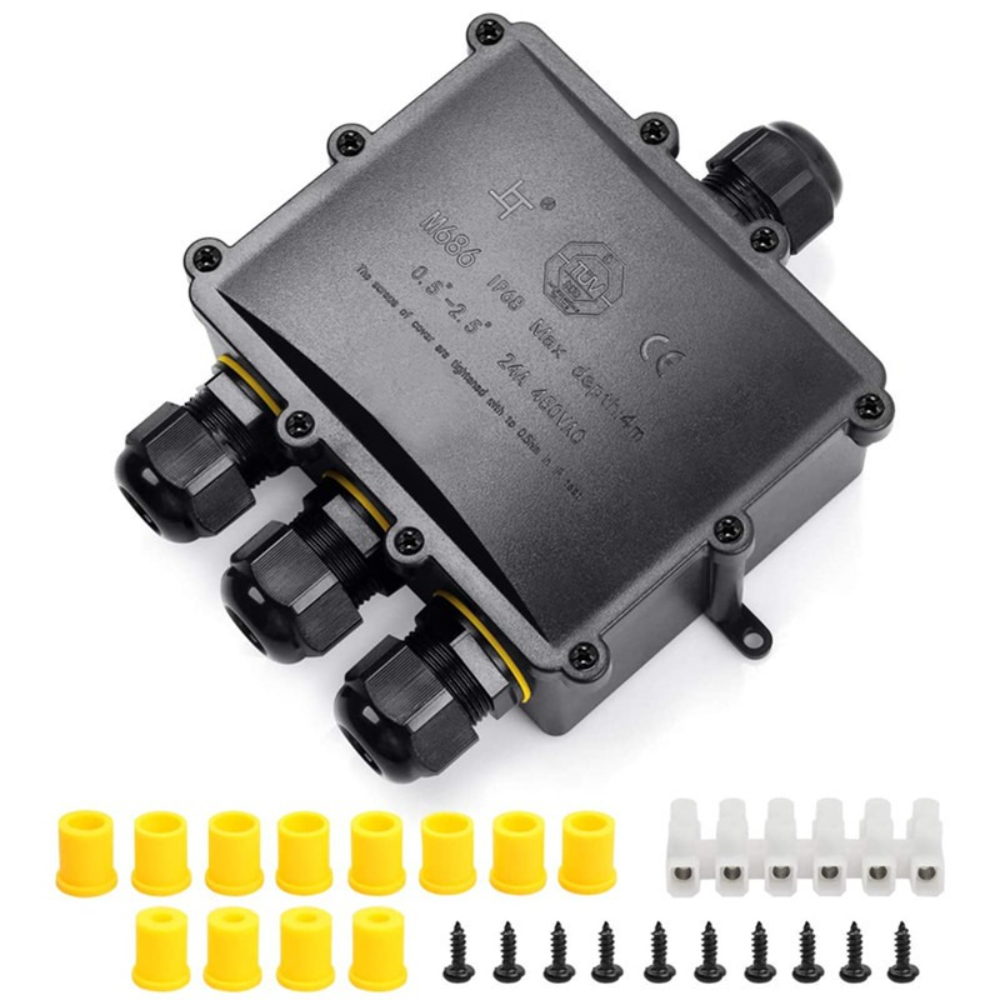 Outdoor Power Cable Junction Box - 4Way 1In3Out IP68 Waterproof 4-14mm Solar